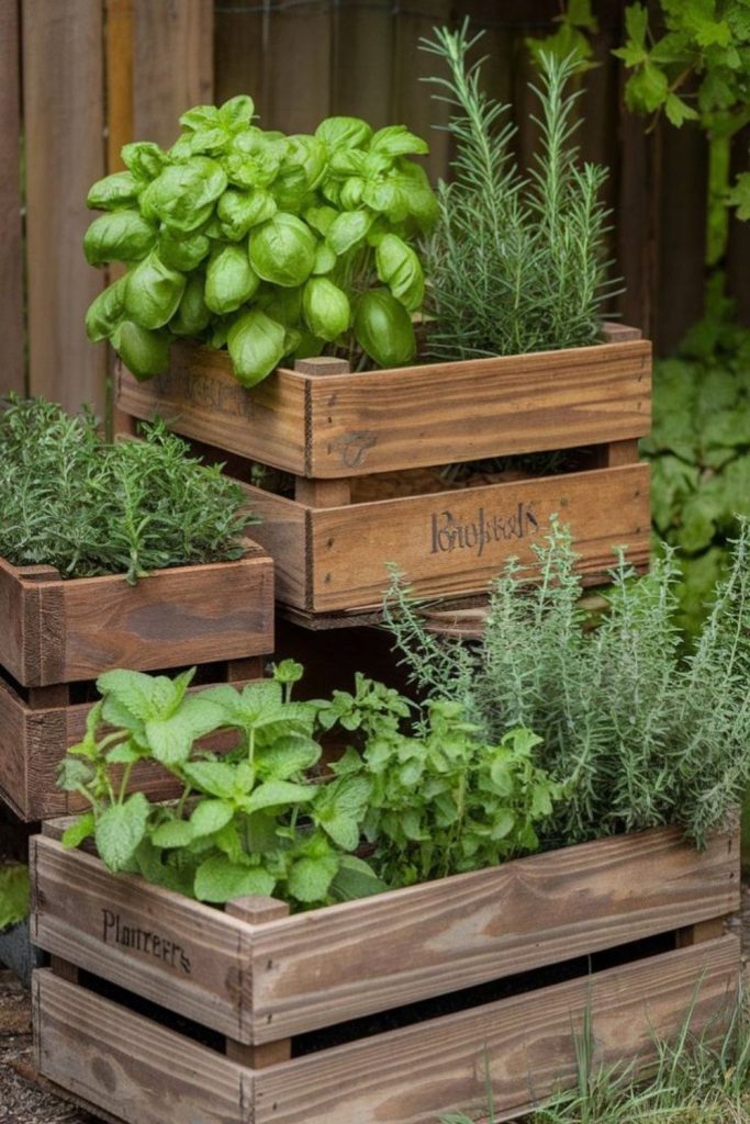 Stacked wooden crate garden setup