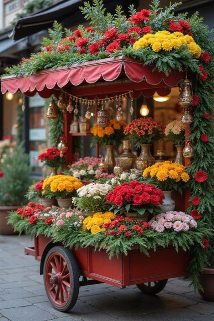 Bold crimson dahlias erupting from trays