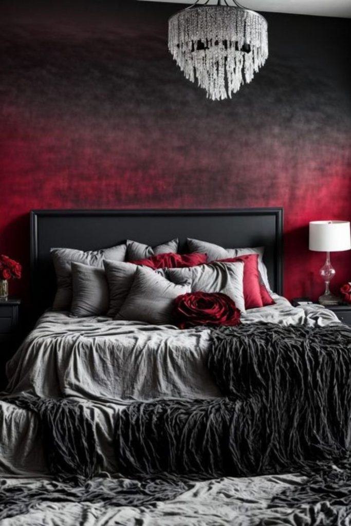 Red streaks vibrate across graphite canvas