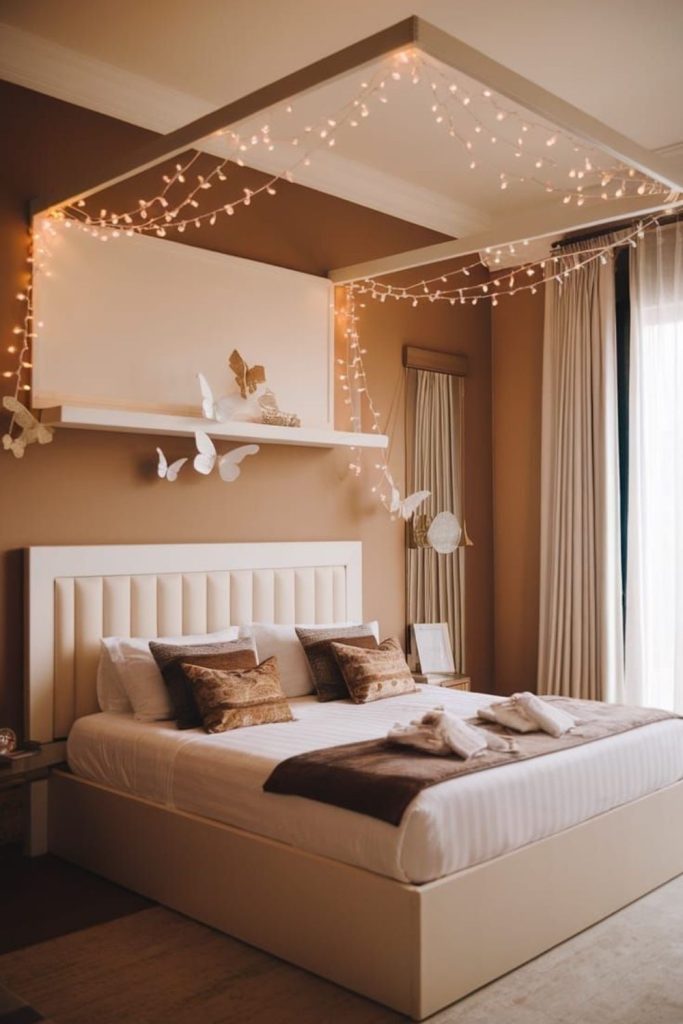 Iridescent canopy with mirrored platform bed