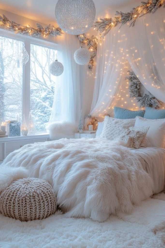 Frosty crystal accents with sheer curtains.