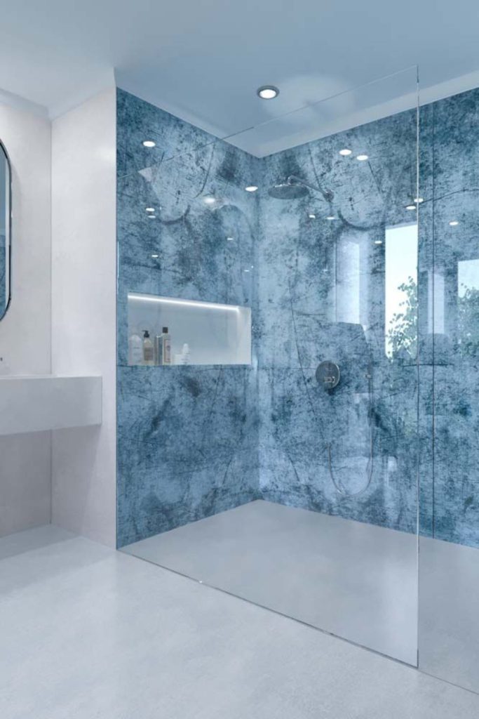 “Foggy bathroom with crystal glass panels”