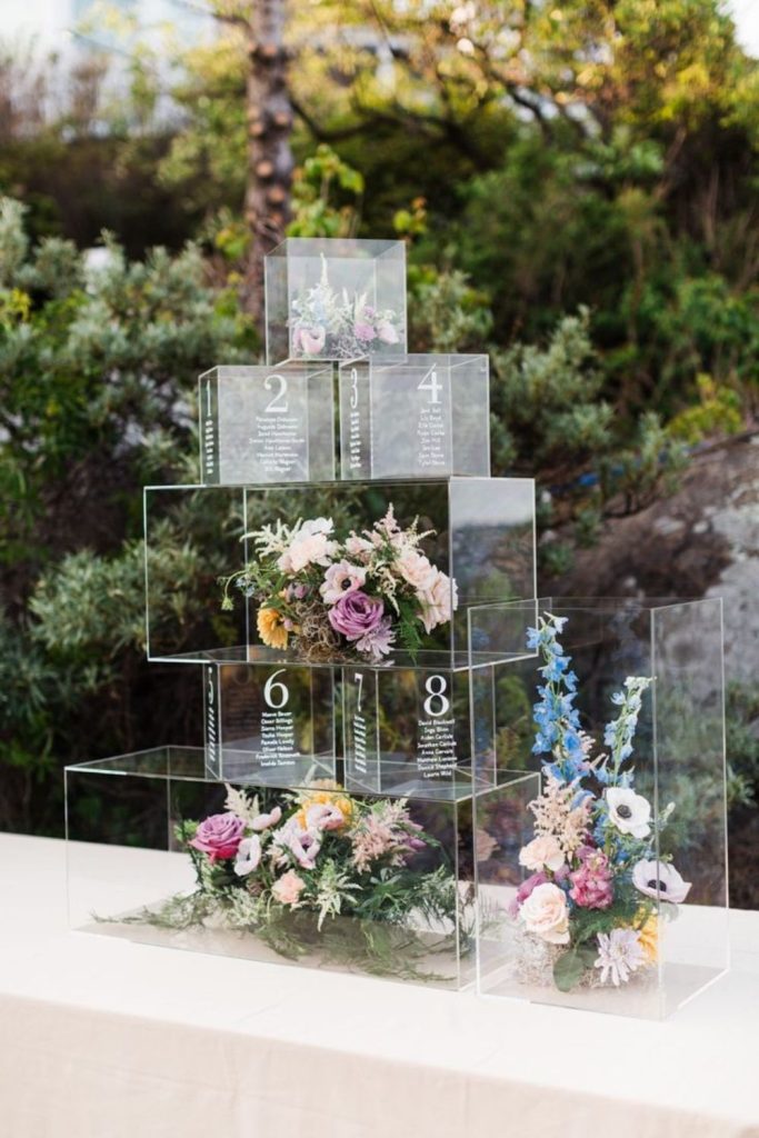 Crystal prism luxury reflective seating chart installation.