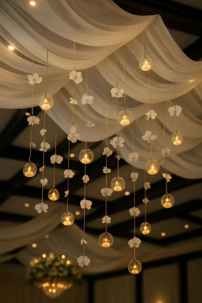 Hanging crystal strands reflecting scattered sunlight.