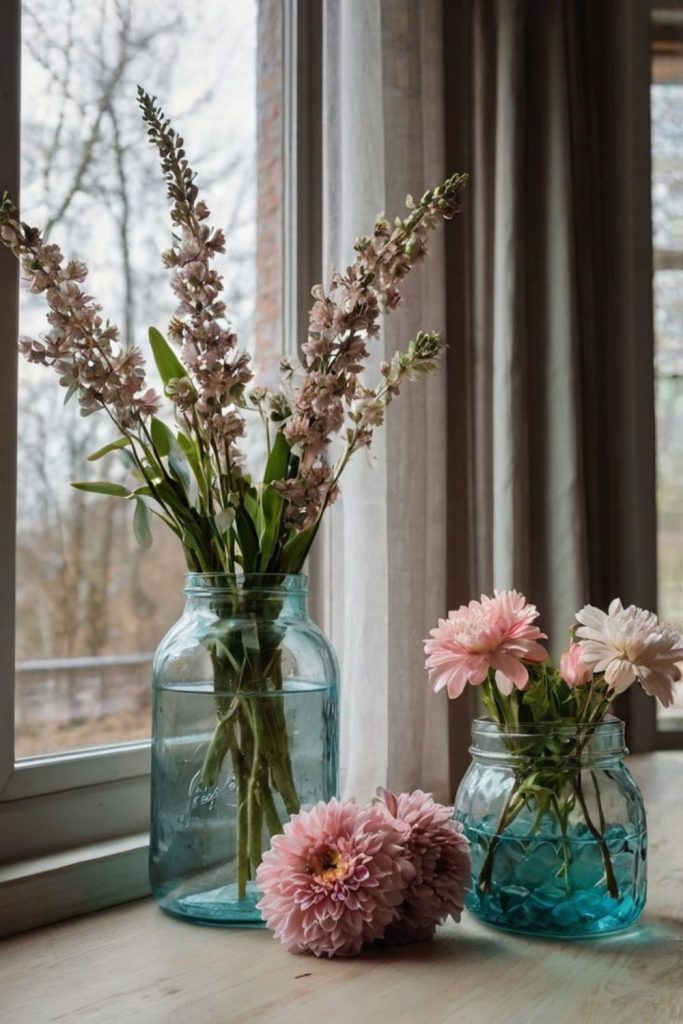 Glass jars reflecting morning sunlight droplets.
