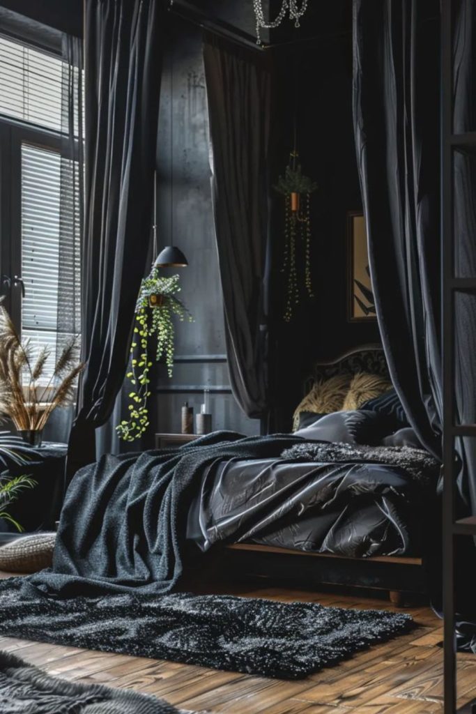 Dark academia black canopy bed vintage study vibe.