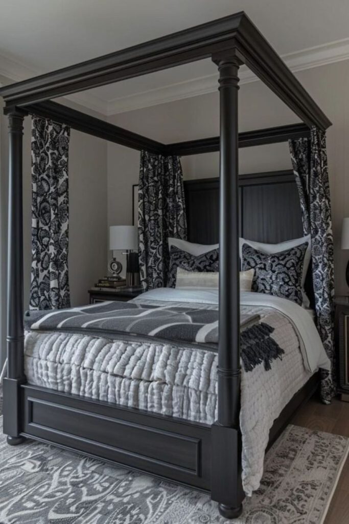 High contrast black canopy bed modern interior.