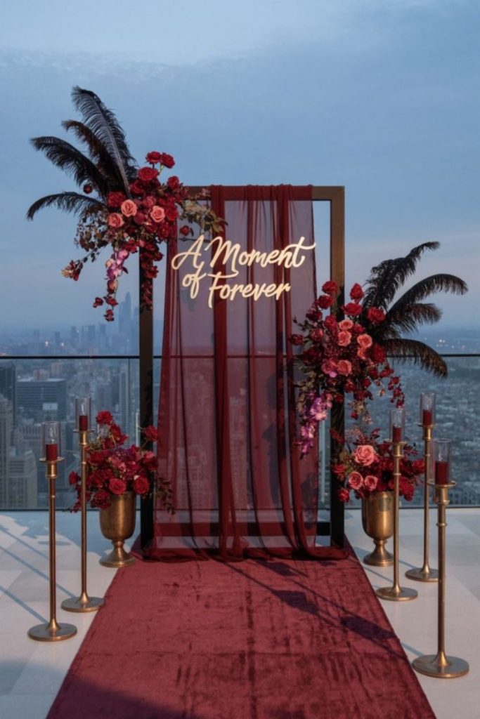 Rich velvet panels with golden script.