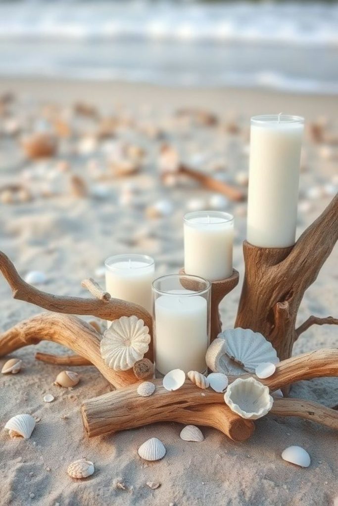Driftwood centerpiece with flickering candles softly.