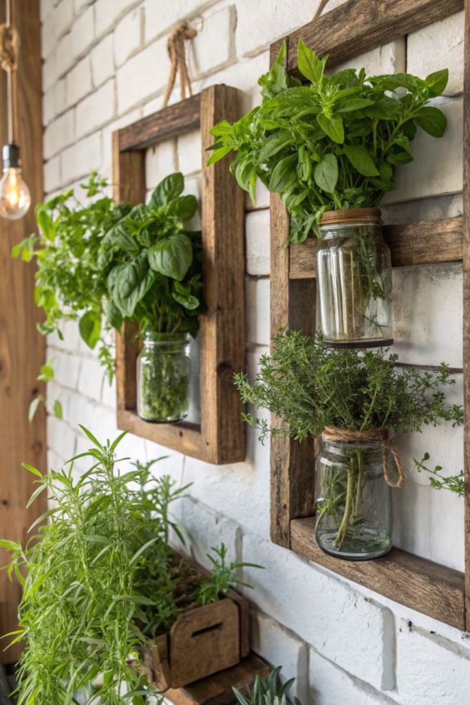 Driftwood planks holding lush green herbs.