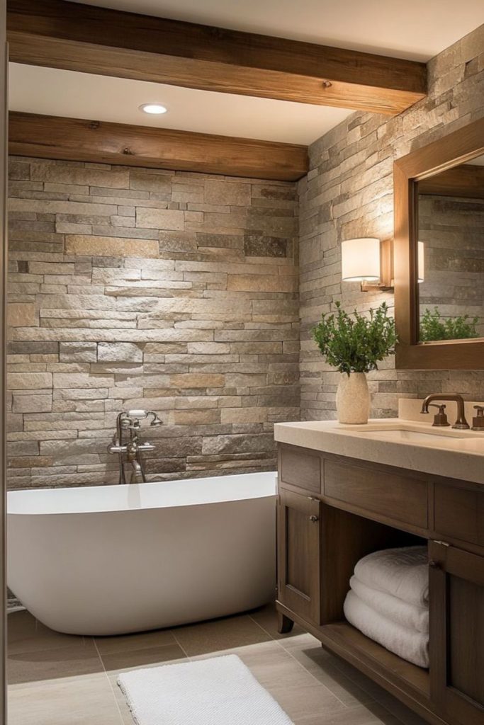“Bathroom with driftwood panels and stone”