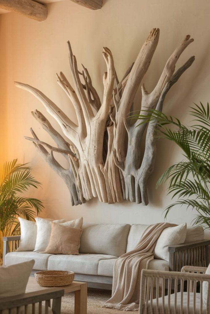 Natural driftwood wall sculpture display.