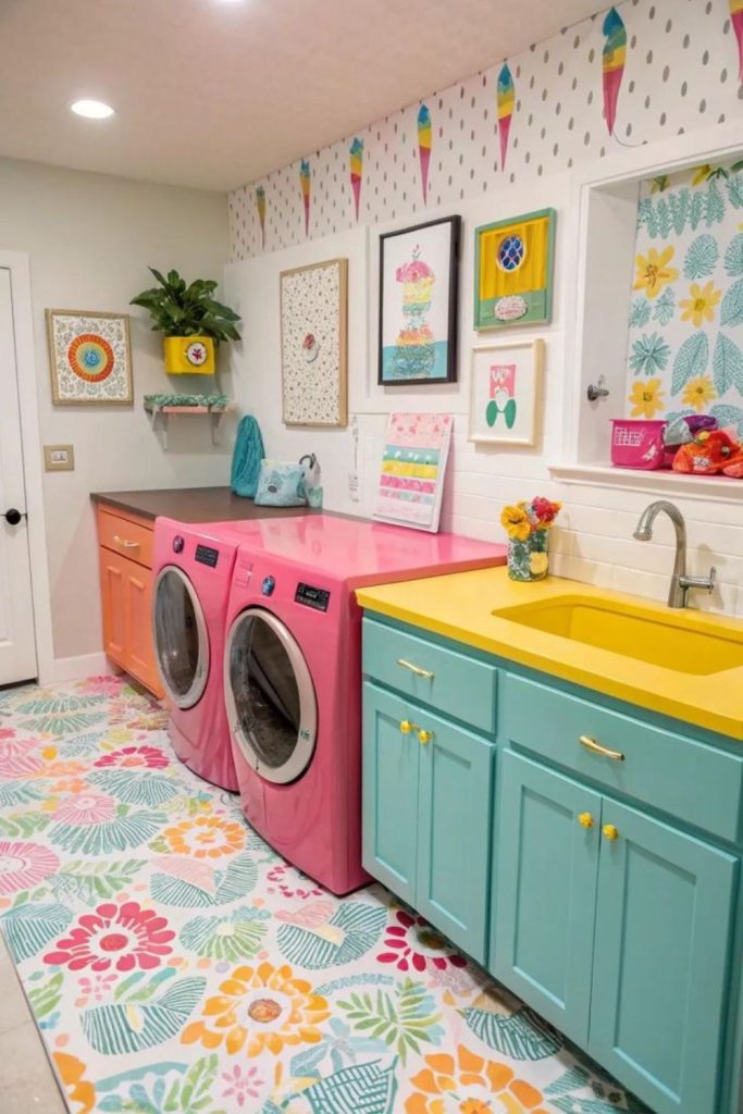 Rainbow cabinets surrounding neutral sink basin