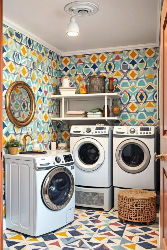 Eclectic laundry room with vibrant tiles