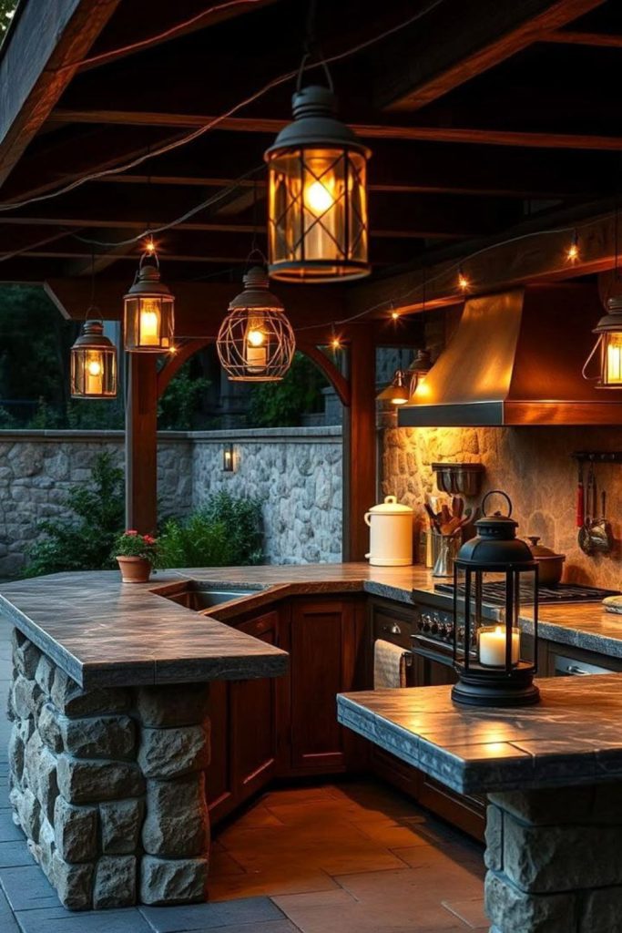 Rustic stone grill with glowing lanterns