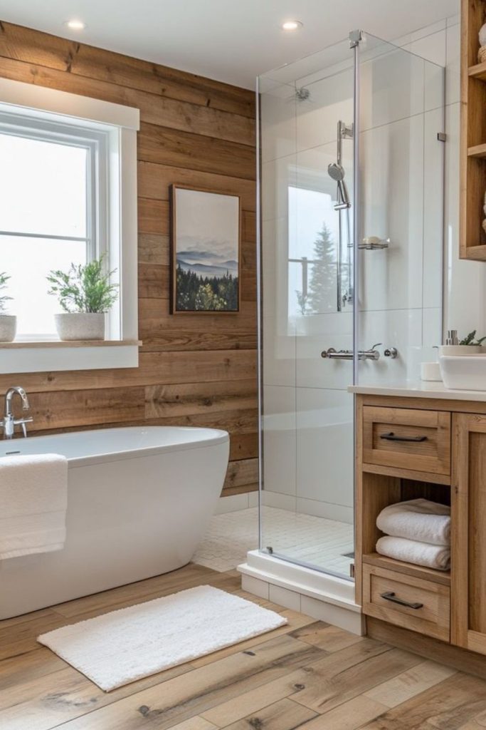 “Warm wooden bathroom with cozy ambiance”