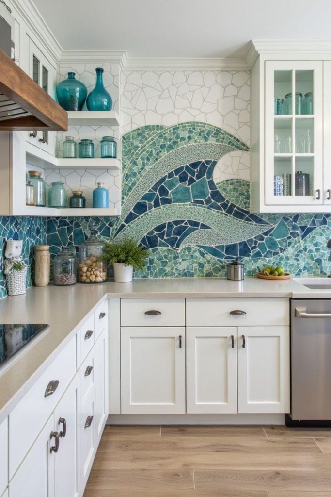 Emerald sea glass wave backsplash