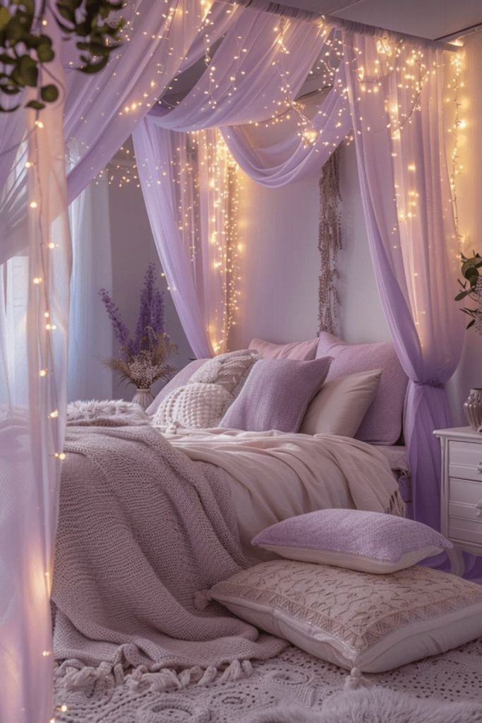 Soft lavender canopy with twinkling lights.