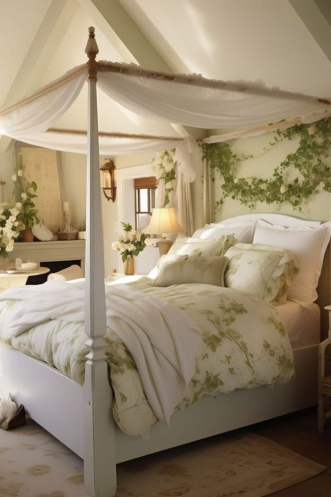 Timber posts and moss-green bedding