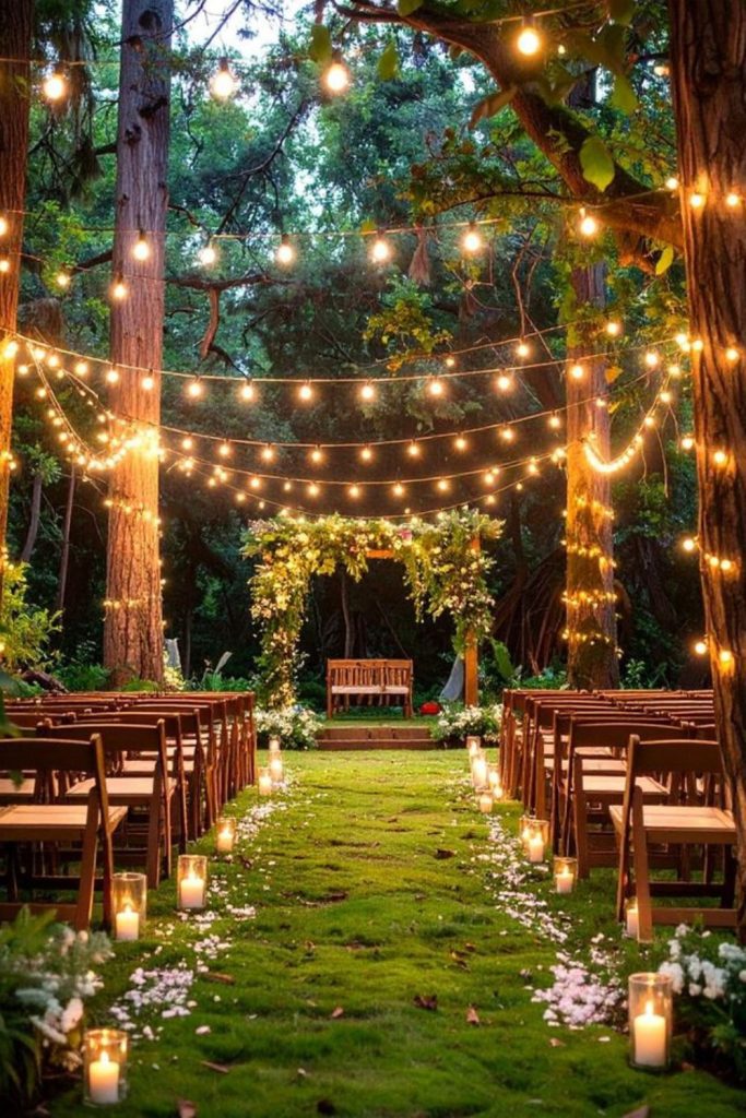 Lush greenery with twinkling fairy lights.