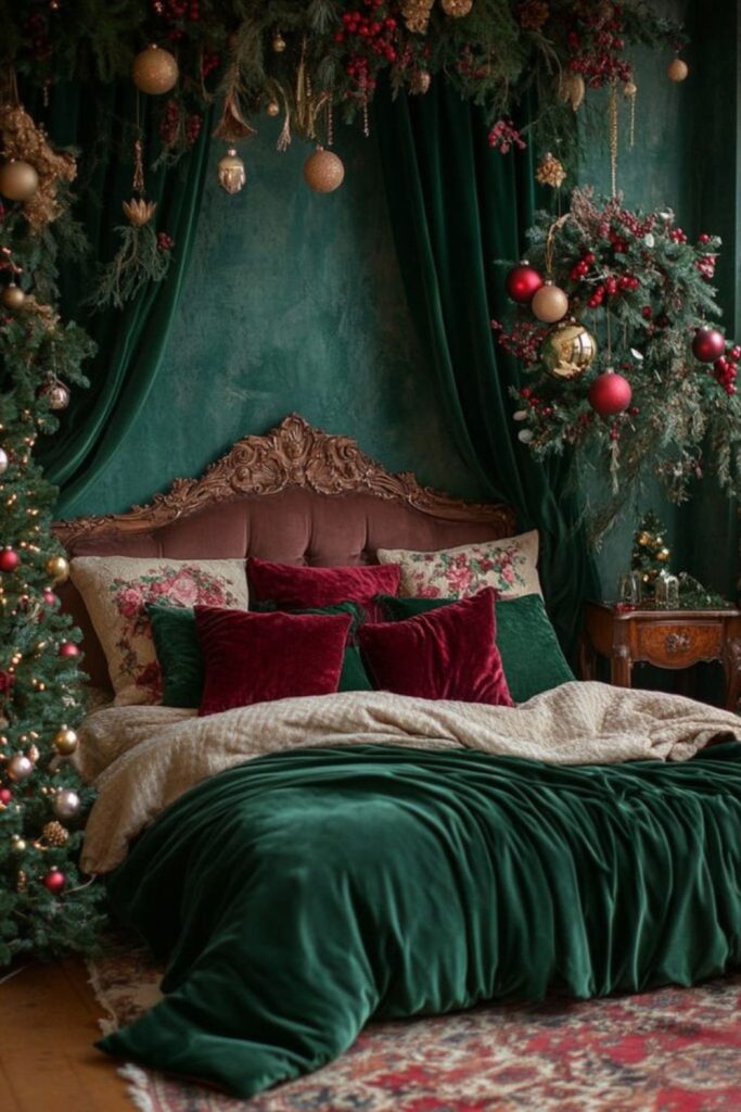 Luxurious emerald velvet canopy bed glow
