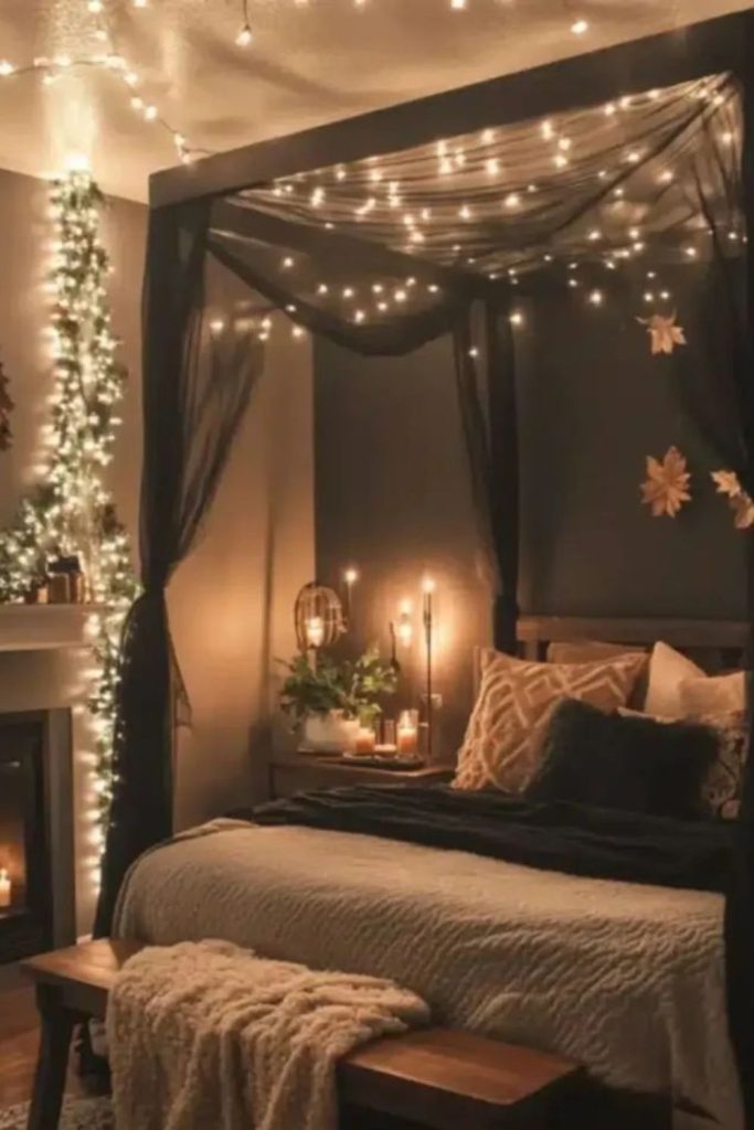 Sheer black canopy bed ethereal misty ambiance.