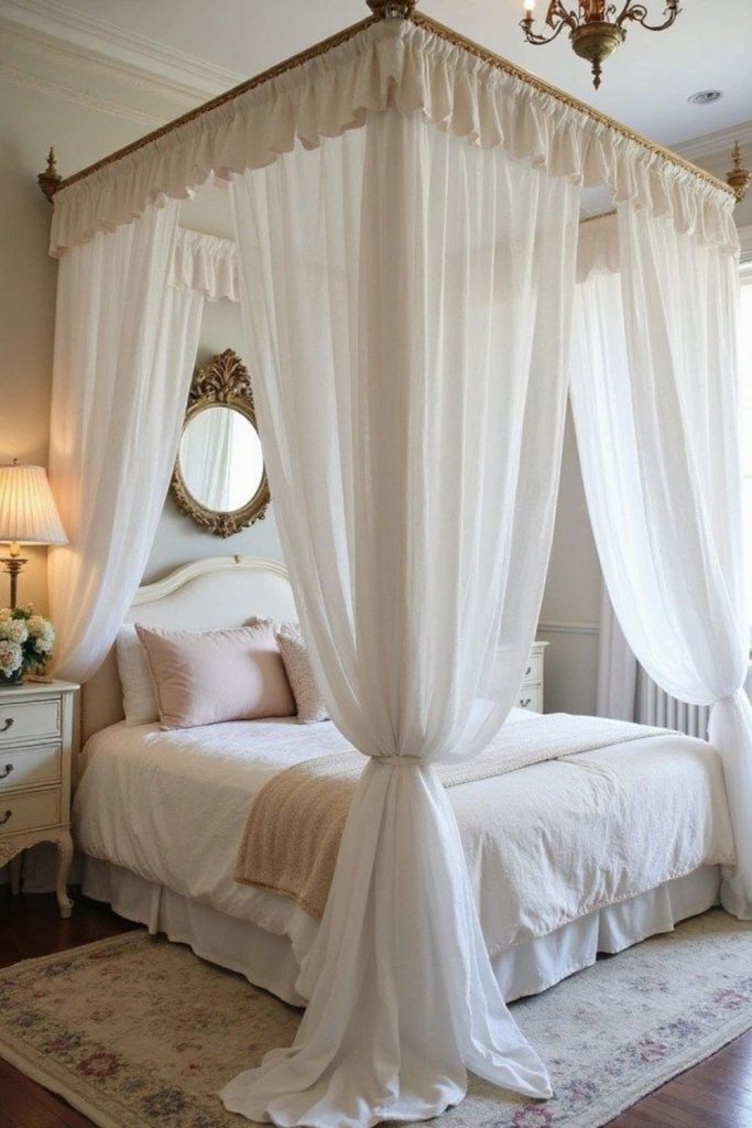 White gauzy canopy with floating clouds