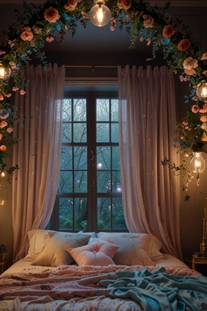 Pearly white bedroom with delicate lights.