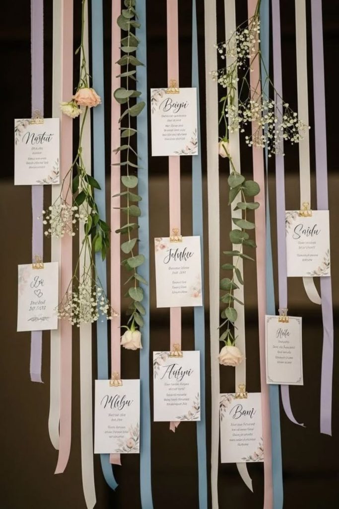 Ribbon cascade flowing fabric seating chart design.