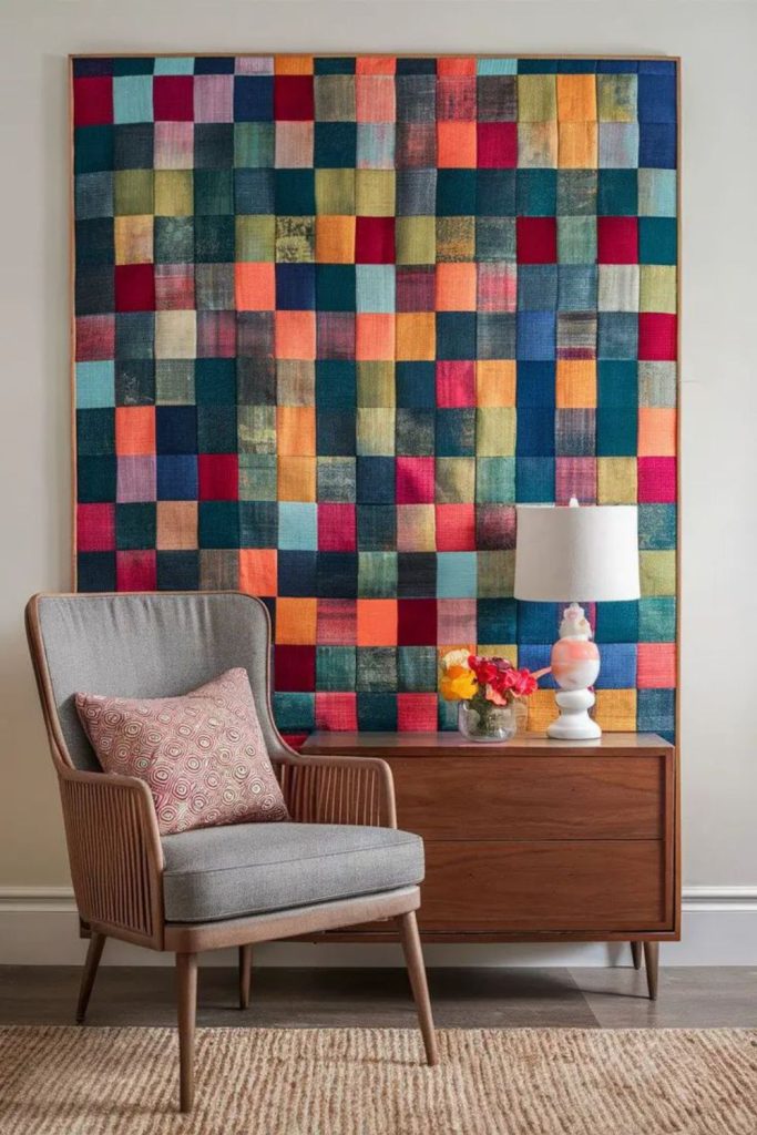 Colorful modern fabric quilt wall art.