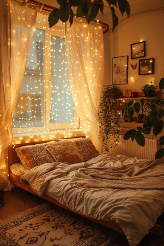 Loft space with whimsical hanging lights.