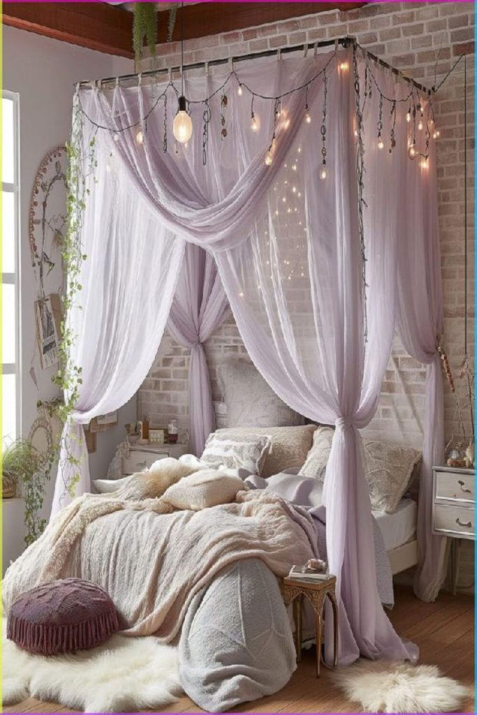 Pale gray bedroom with violet undertones.