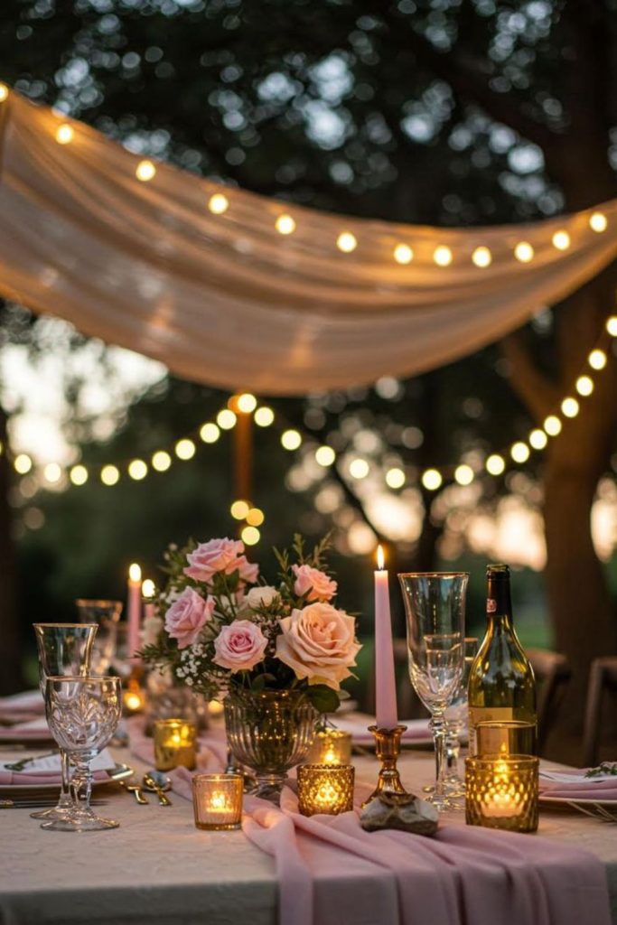Fairy lights garden glowing bridal setup
