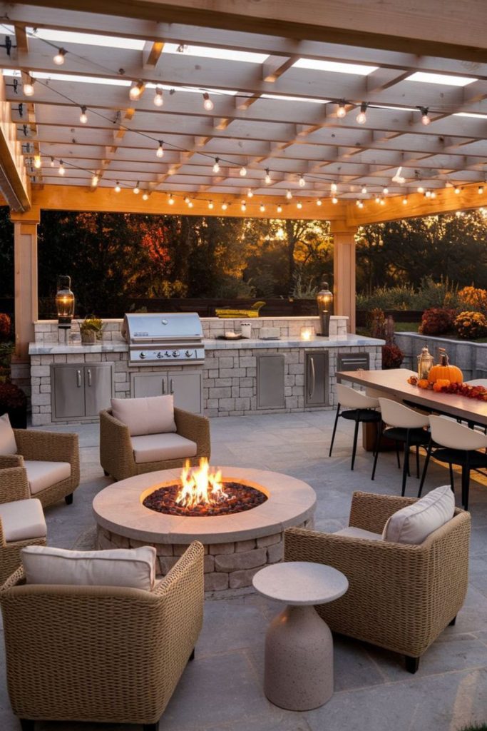 Pavilion grill surrounding roaring firepit
