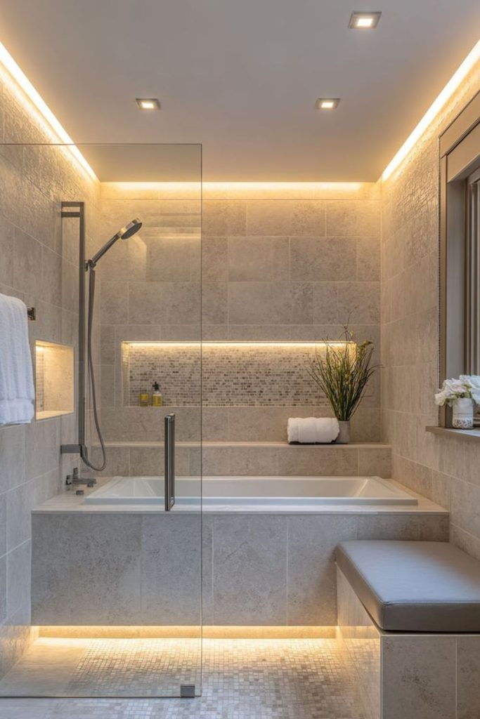 “Bathroom with floating tub and mist”