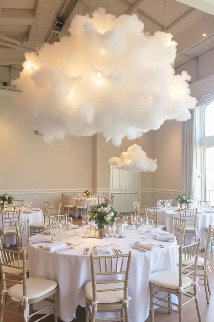 – Cotton-like clouds suspended above walkway.