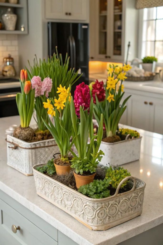 Seedlings in wooden trays over water.