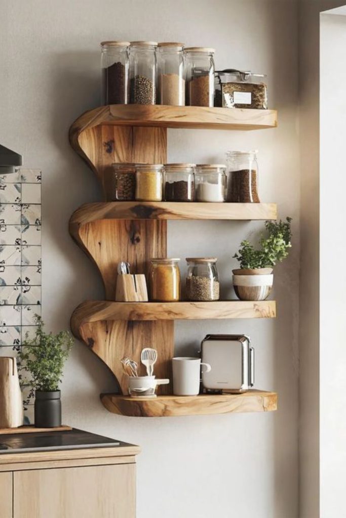 Wall-mounted wooden spice rack shelf
