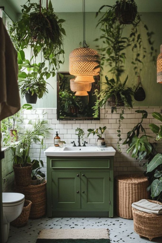 Green forest themed bathroom with plants