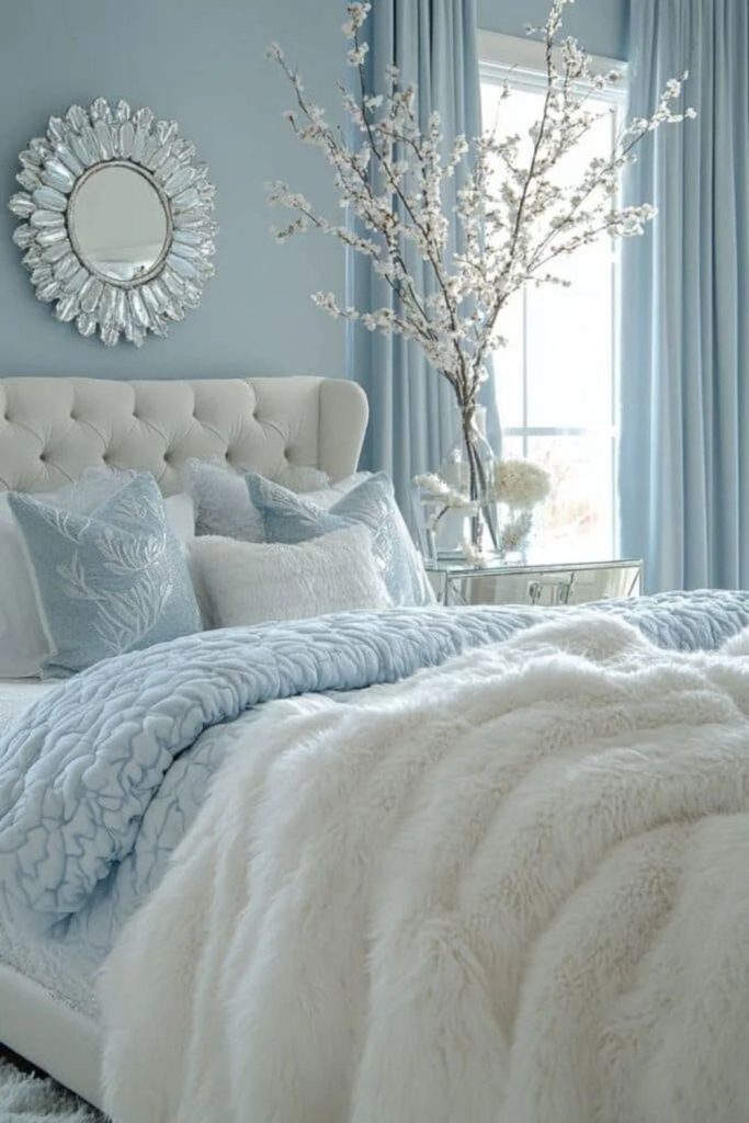 Icy silver room with crystal accents.