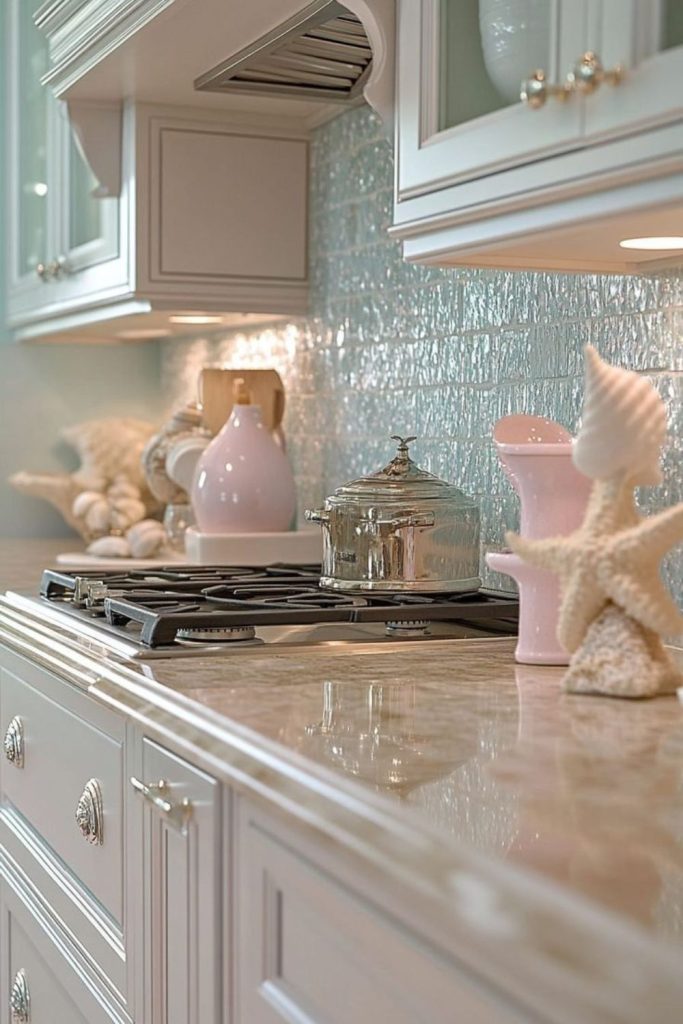 Frosted lagoon glass kitchen backsplash