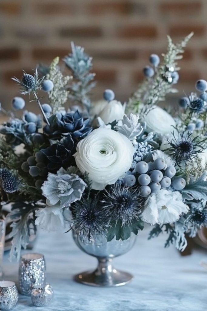 Icicle-blue hydrangeas with silvered eucalyptus