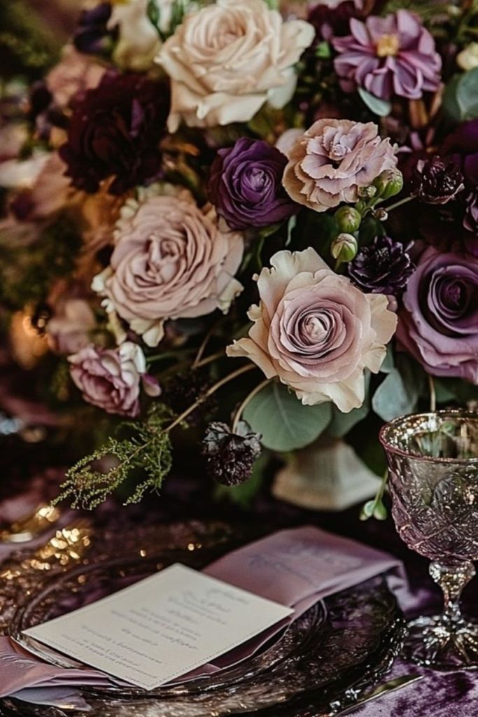 Deep plum dahlias with lilac hydrangeas