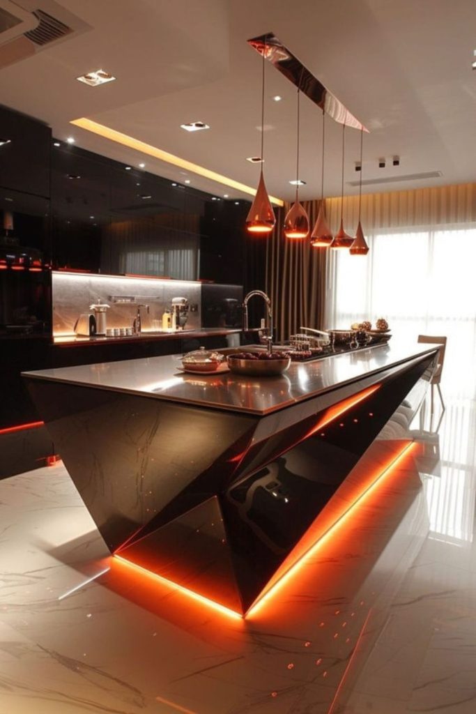 Futuristic kitchen with metallic modern surfaces.
