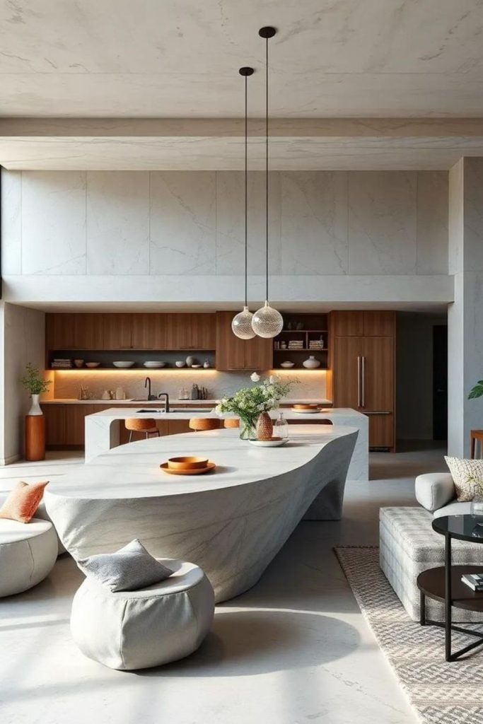 Futuristic minimal living area with curves.