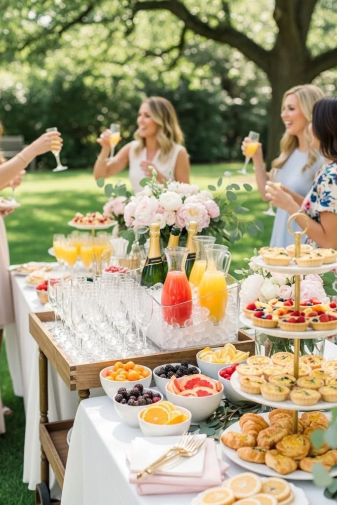 Champagne brunch elegant garden bridal setup