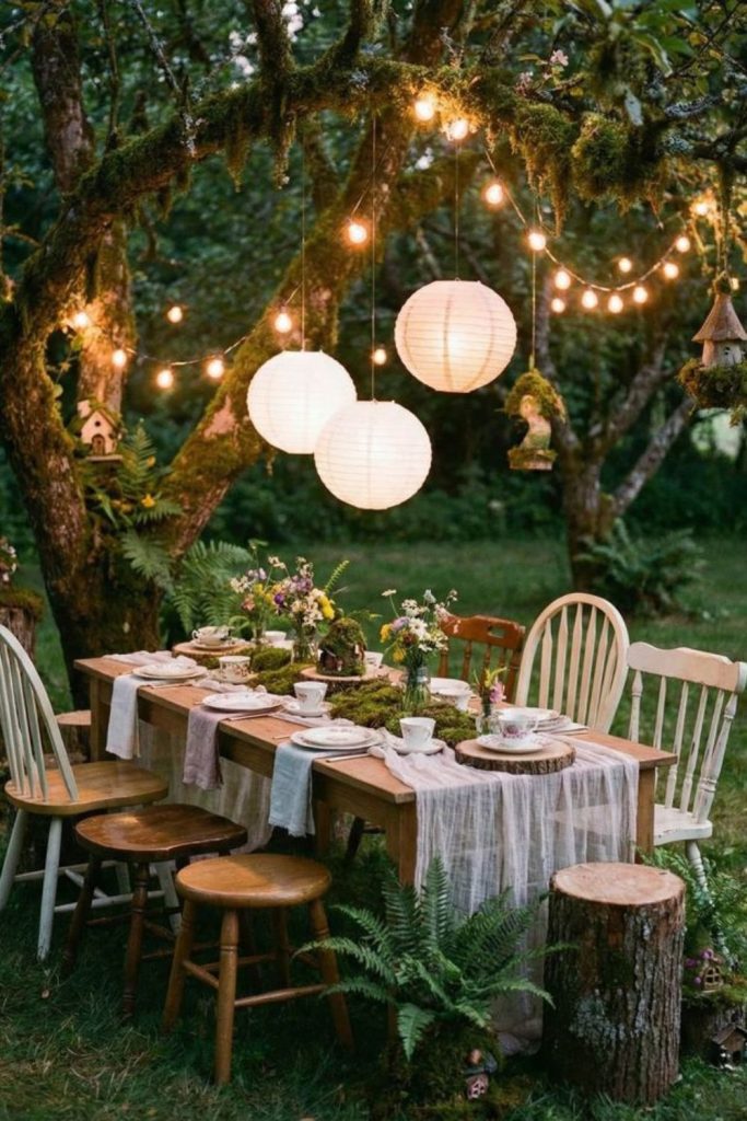 Hanging lantern garden evening bridal decor