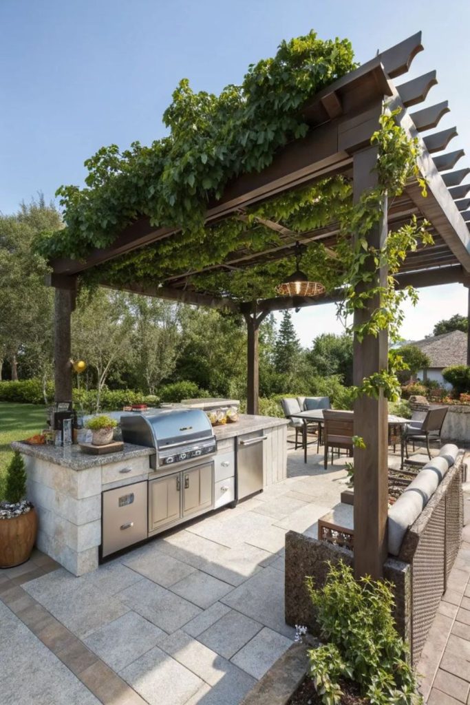 Flowering pergola with herb kitchen