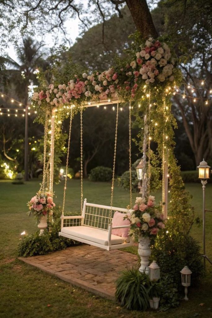Garden swing floral romantic bridal setup