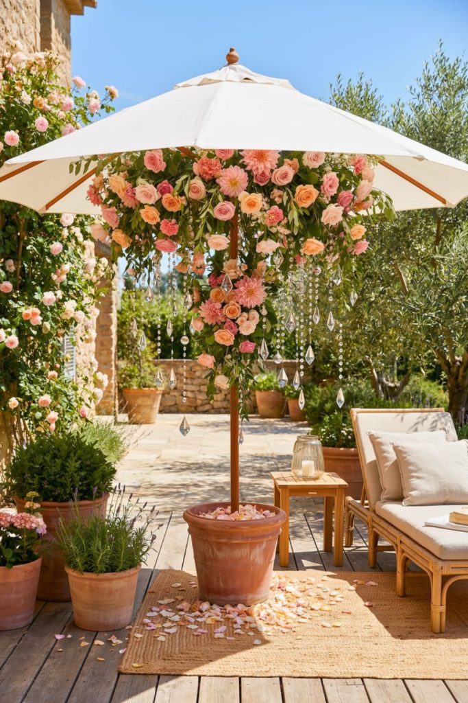 Colorful umbrella garden party bridal setup